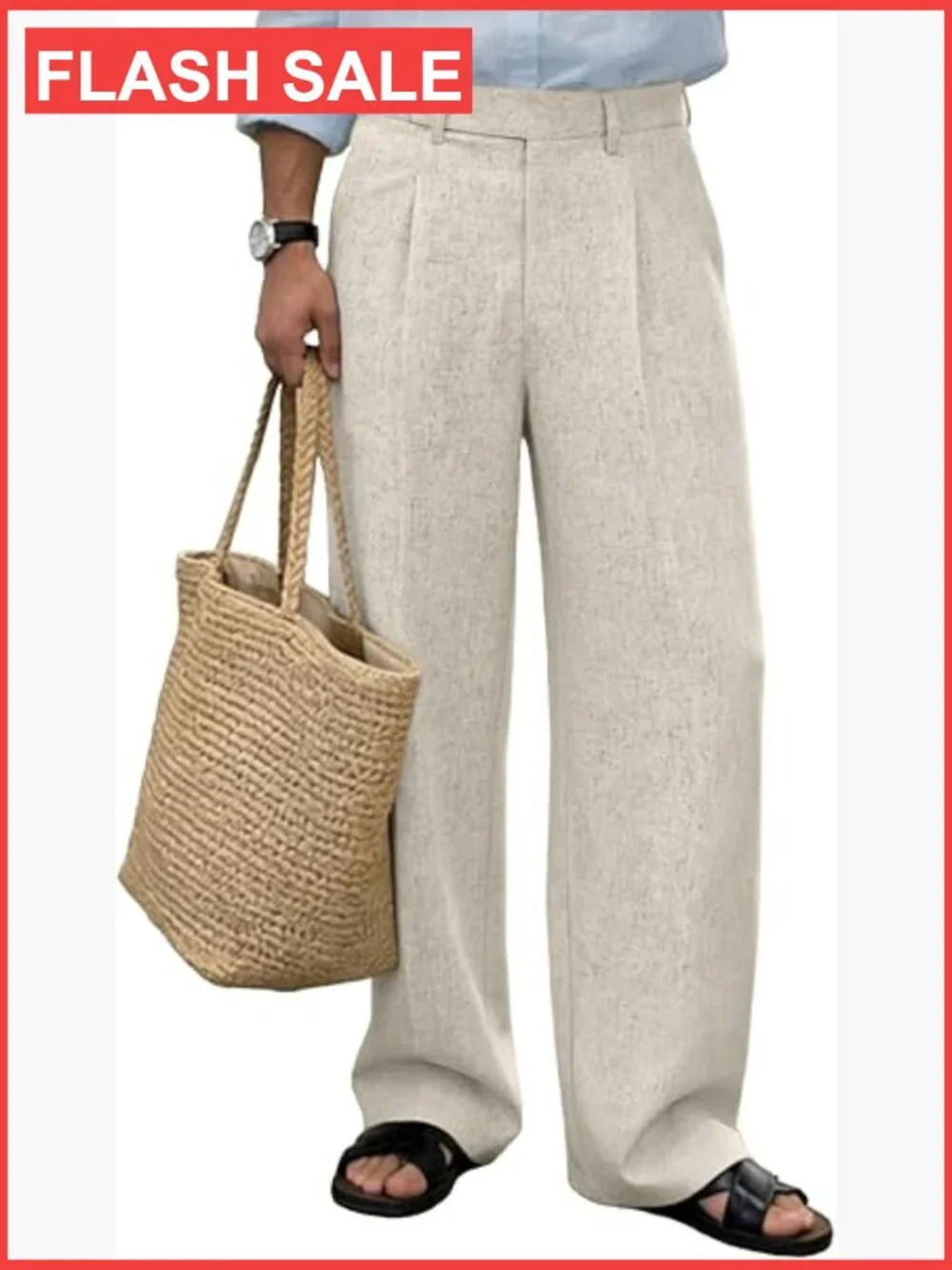 Men's Linen Wide Leg Trousers, Pleated Baggy Dress Pants